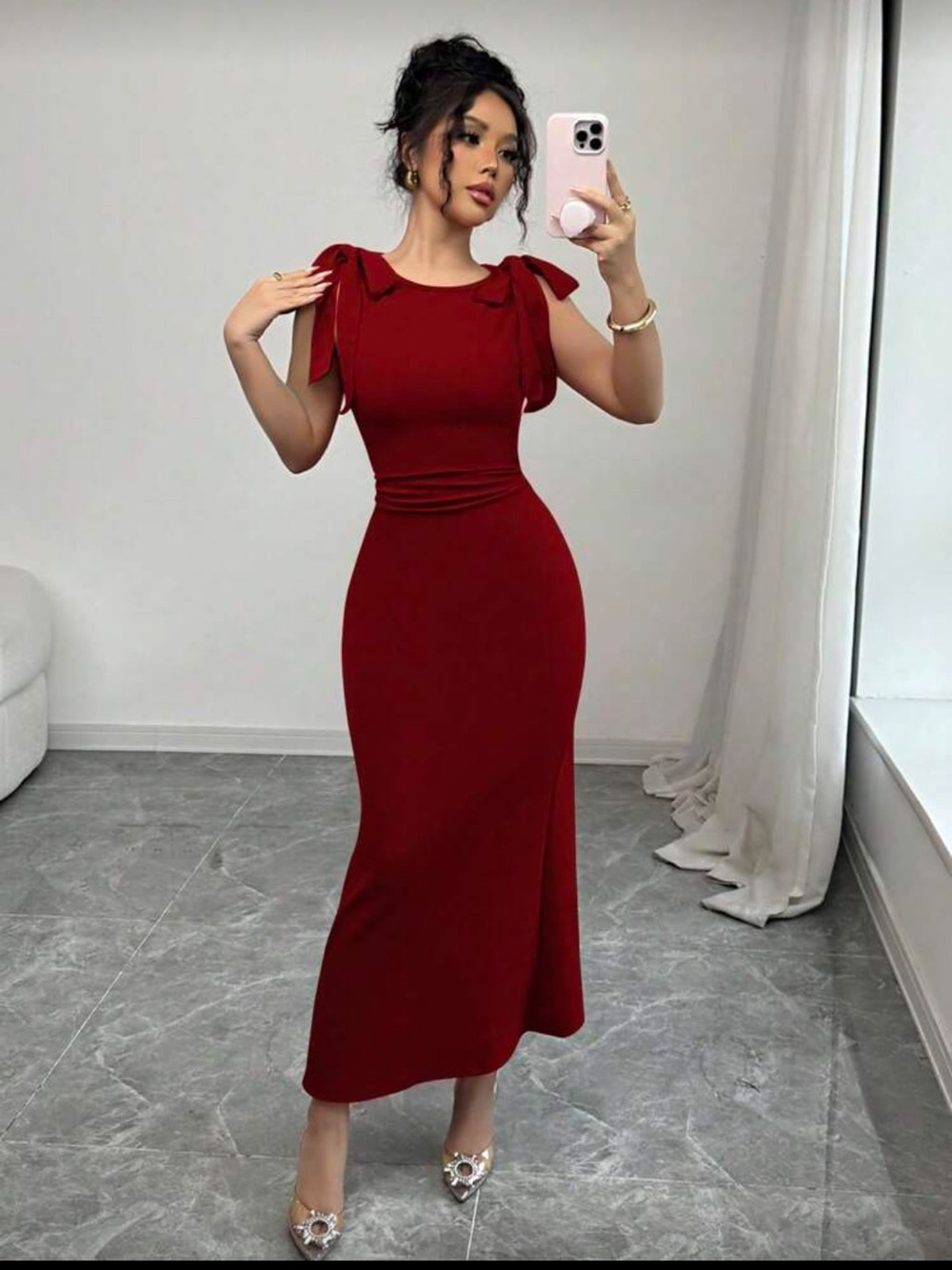 SHEIN Red Bow-Shoulder Bodycon Maxi Dress